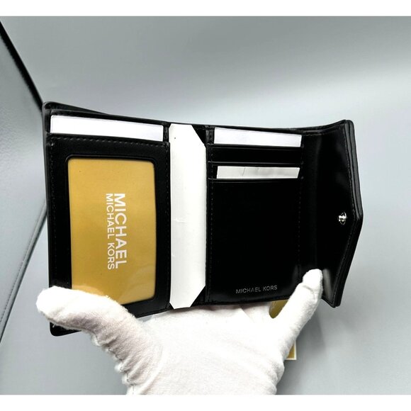 Michael Kors Black Leather Leopard Print Heather Grey Calf Hair Trifold Wallet - Picture 8 of 16